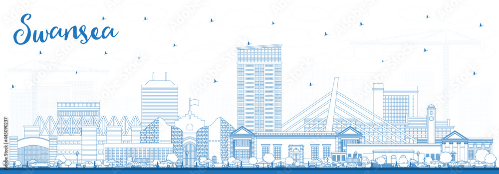 Outline Swansea Wales City Skyline with Blue Buildings. Outline Swansea Wales City Skyline with Blue Buildings.