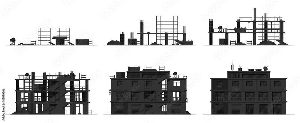 Construction Site Stages Silhouette Isolated
