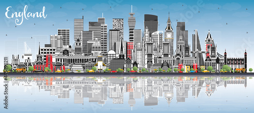 England City Skyline with Gray Buildings, Blue Sky and Reflections.