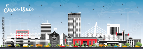 Swansea Wales City Skyline with Color Buildings and Blue Sky.