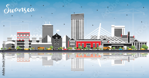 Swansea Wales City Skyline with Color Buildings, Blue Sky and Reflections.