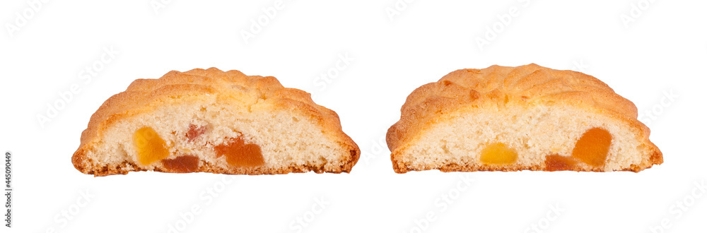 Butter shortbread biscuit cut in half with marmalade