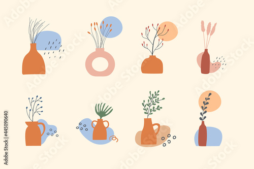 Set of clay vases with green and dry plants. Branches and twigs in earthen jug. Minimalistic foliage decoration for cozy home interior in Scandinavian style with abstract shapes. Vector illustration.