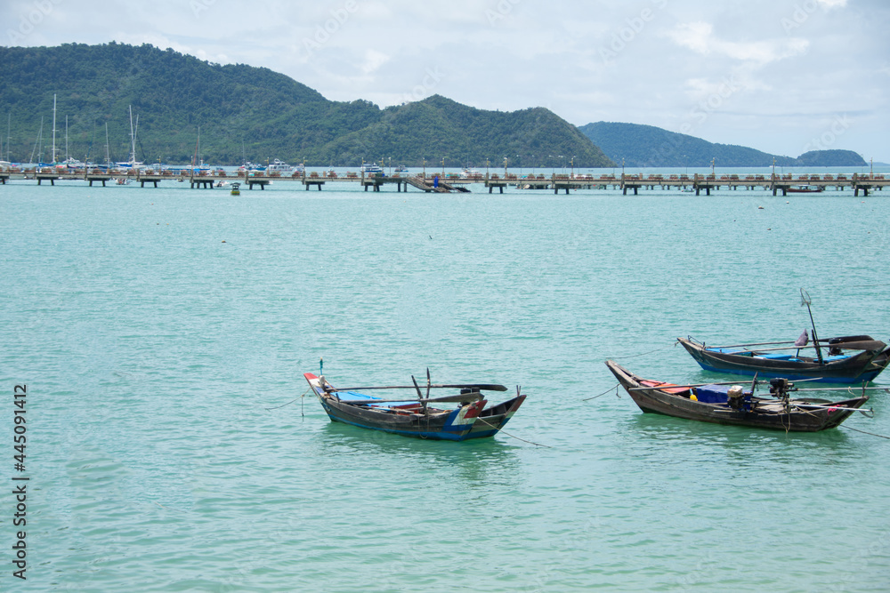 beautiful sea summer with boat at Chalong bay, Phuket province, Thailand. subject is blurred and noise.