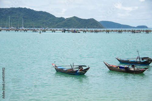 beautiful sea summer with boat at Chalong bay  Phuket province  Thailand. subject is blurred and noise.