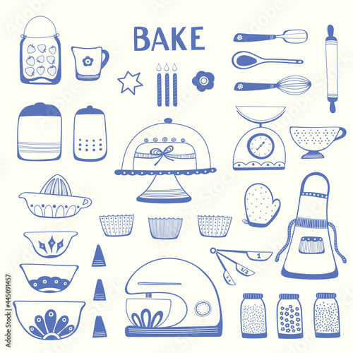 Baking kitchen icon illustration set. Vector blue outlines design resource elements.