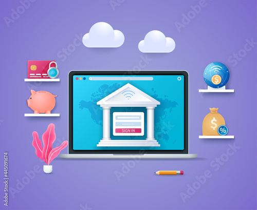 Online banking concept. Laptop with bank building icon on screen. Bank account login window. Web vector illustration in 3D style