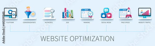 Website Optimization banner with icons. Platform, Conversion Rate, Keywords, Seo, Ranking, Social Media, Page Speed, Website Traffic. Web vector infographic in 3D style.