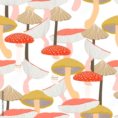 Mushrooms seamless pattern. Hand-drawn illustration. Design for natural products, paper, packaging, wallpaper, fabric, textile. White background.