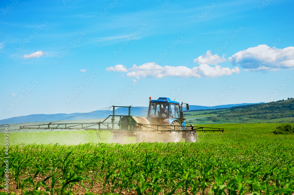 Fototapeta premium Farming tractor plowing and spraying on field