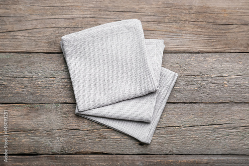 Folded gray kitchen towels ...