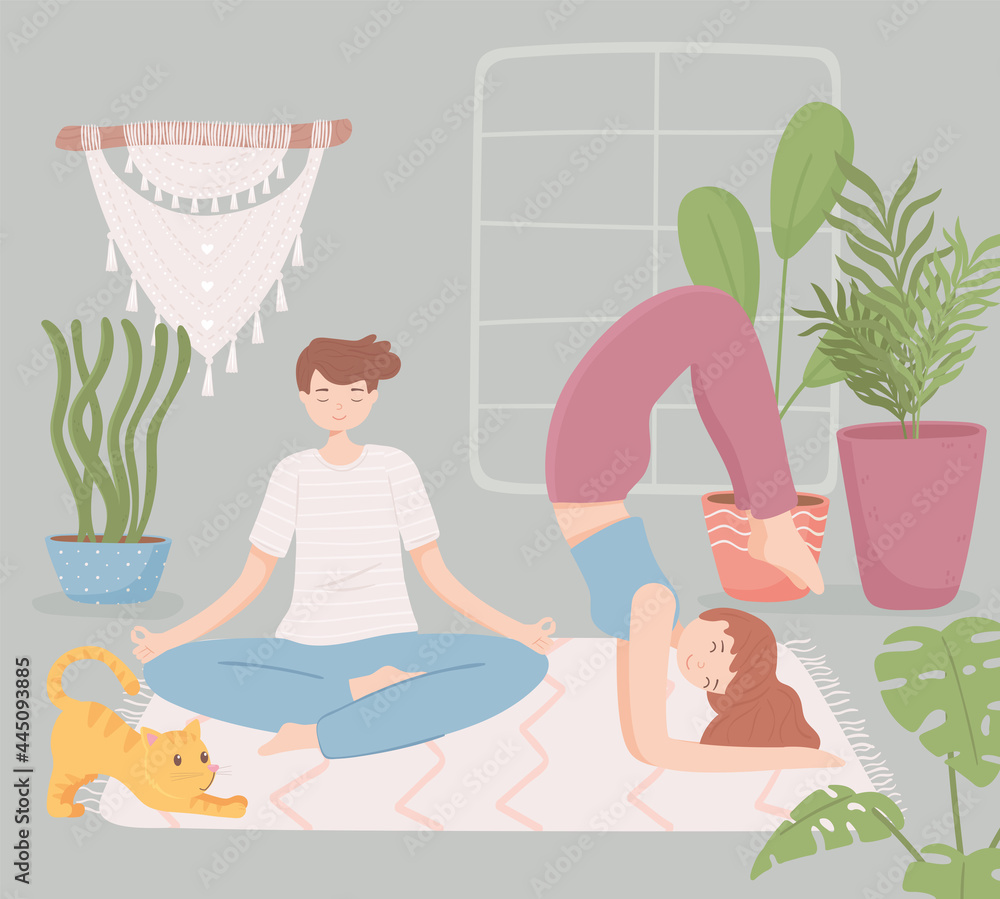Obraz premium couple in home doing yoga