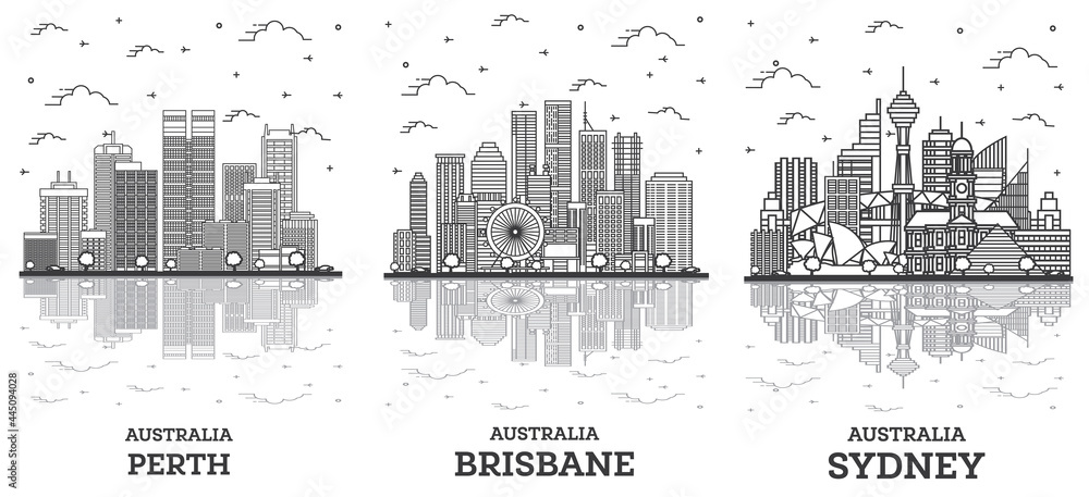 Outline Brisbane, Sydney and Perth Australia City Skyline Set.