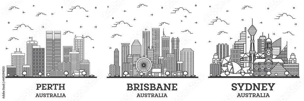 Naklejka premium Outline Brisbane, Sydney and Perth Australia City Skyline Set.
