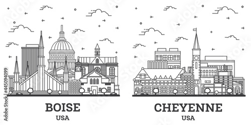 Outline Cheyenne Wyoming and Boise Idaho City Skyline Set.
