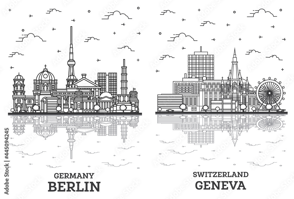 Outline Geneva Switzerland and Berlin Germany City Skyline Set.