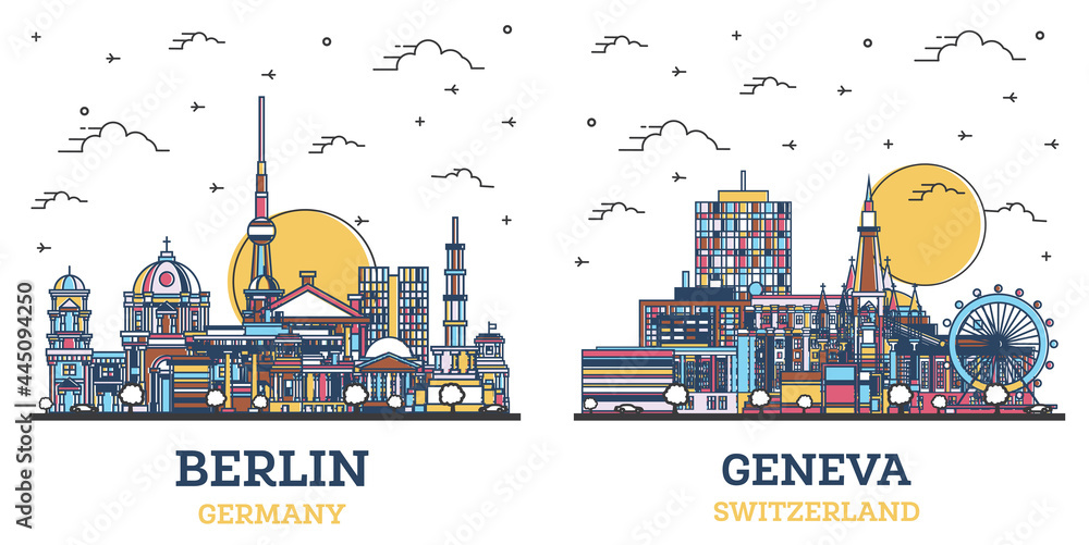 Outline Geneva Switzerland and Berlin Germany City Skyline Set.