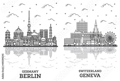 Outline Geneva Switzerland and Berlin Germany City Skyline Set.