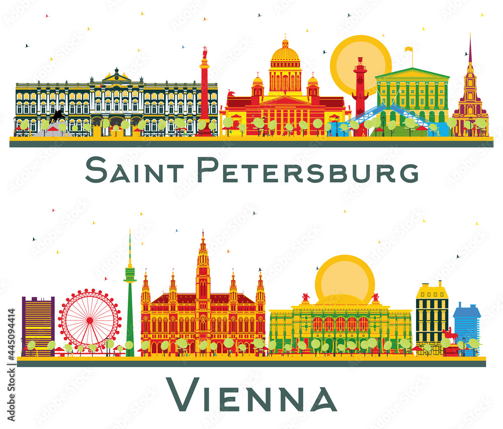 Vienna Austria and Saint Petersburg Russia City Skyline Set.