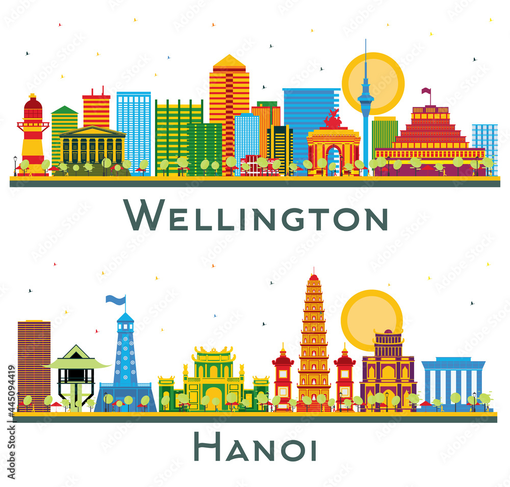 Hanoi Vietnam and Wellington New Zealand City Skyline Set with Color Buildings.