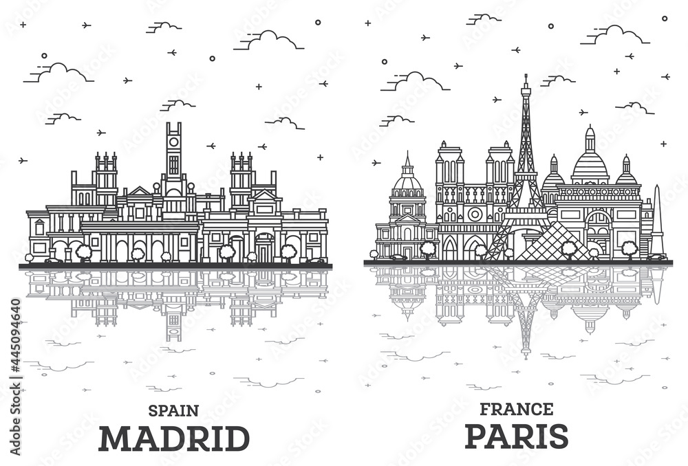 Outline Paris France and Madrid Spain City Skyline Set.