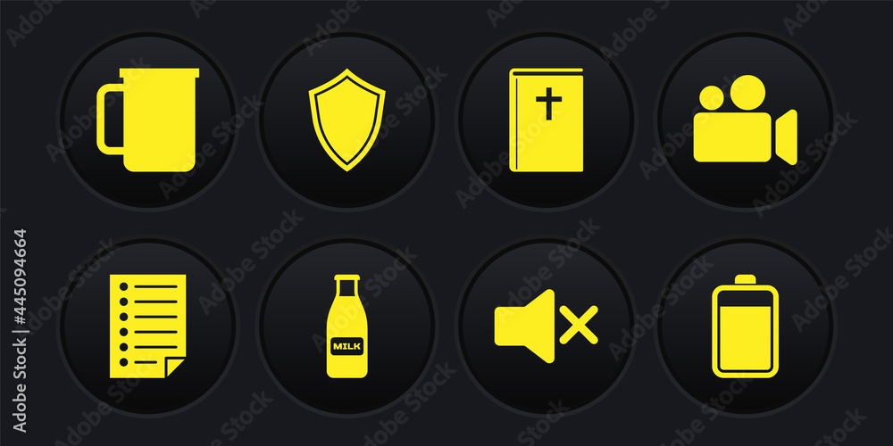 Set Document, Movie or Video camera, Glass bottle milk and cap, Speaker mute, Holy bible book and Shield icon. Vector Set Document, Movie or Video camera, Glass bottle milk and cap, Speaker mute, Holy bible book and Shield icon. Vector