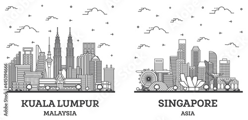 Photography Outline Singapore and Kuala Lumpur Malaysia City Skyline Set.