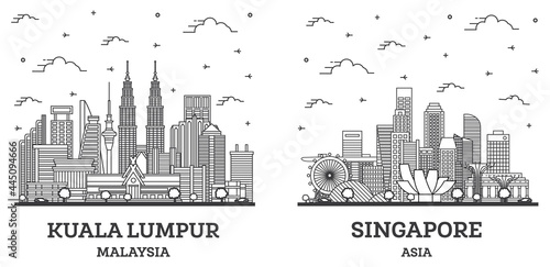Outline Singapore and Kuala Lumpur Malaysia City Skyline Set.