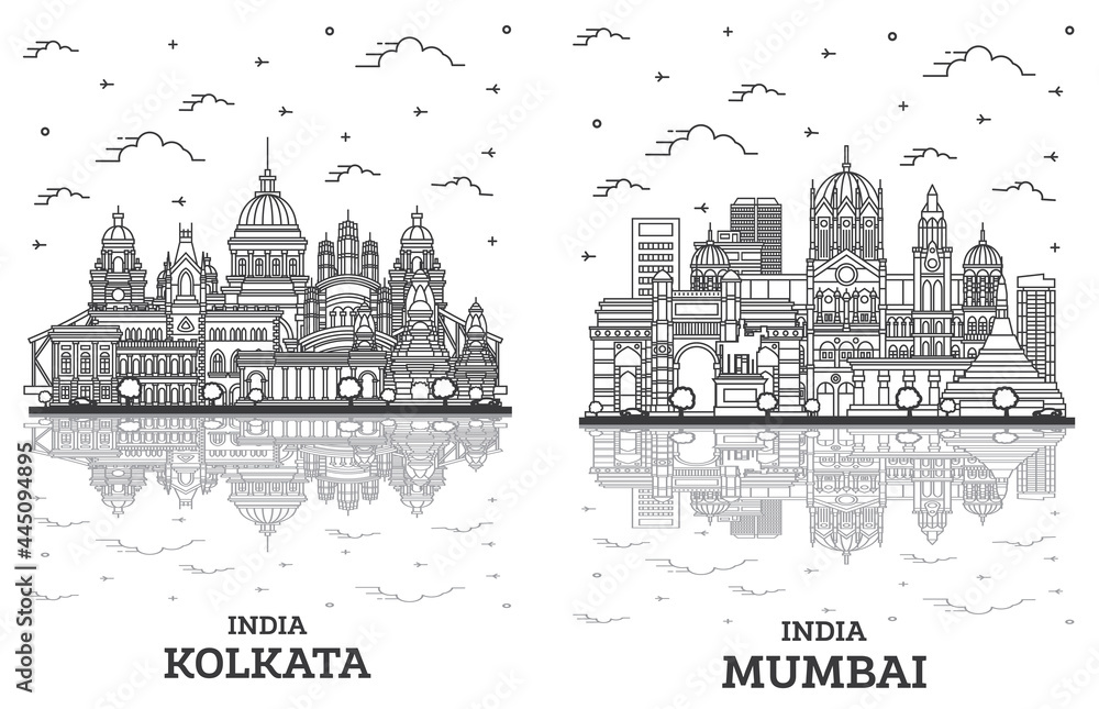 Outline Mumbai and Kolkata India City Skyline Set.