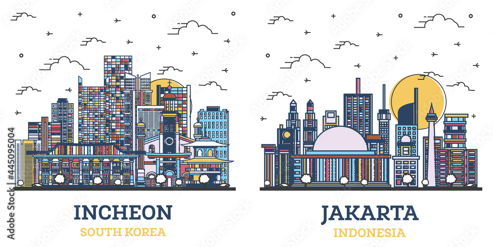 Outline Jakarta Indonesia and Incheon South Korea City Skyline Set.