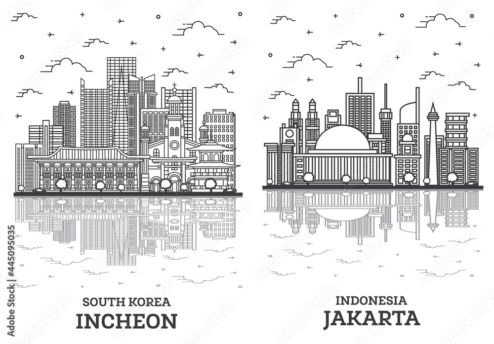 Outline Jakarta Indonesia and Incheon South Korea City Skyline Set.