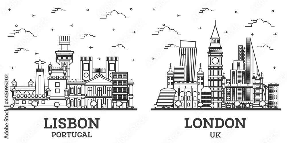 Outline London England UK and Lisbon Portugal City Skyline Set.