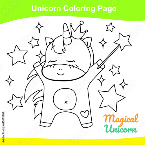 Unicorn coloring worksheet page. Coloring sweet unicorn worksheet page. Educational printable coloring worksheet. Additional worksheet for kids. Vector illustration in cartoon style. 