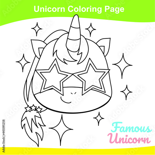 Unicorn coloring worksheet page. Coloring sweet unicorn worksheet page. Educational printable coloring worksheet. Additional worksheet for kids. Vector illustration in cartoon style. 