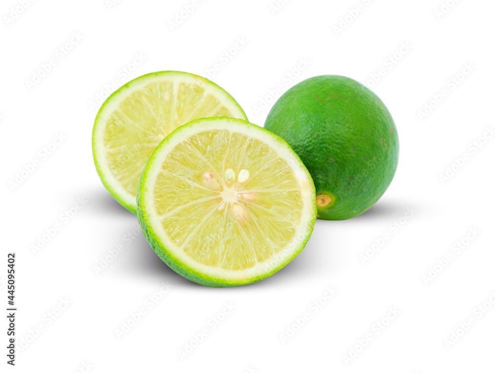 Lime(Citrus × aurantifolia) with slices or slices and leaves, isolated on a white background Lime(Citrus × aurantifolia) with slices or slices and leaves, isolated on a white background