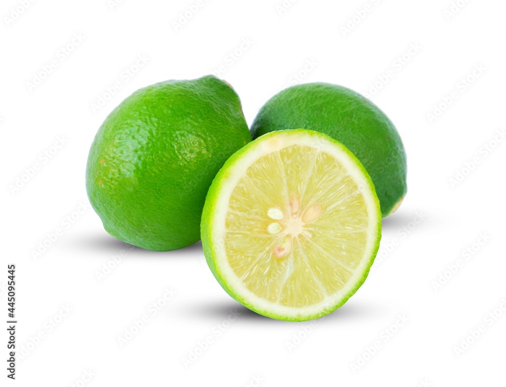 Lime(Citrus × aurantifolia) with slices or slices and leaves, isolated on a white background Lime(Citrus × aurantifolia) with slices or slices and leaves, isolated on a white background