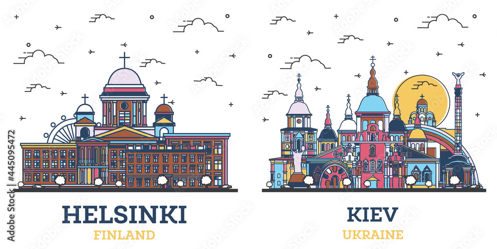 Outline Kiev Ukraine and Helsinki Finland City Skyline Set.