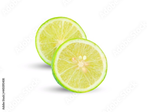 Lime(Citrus × aurantifolia) with slices or slices and leaves, isolated on a white background