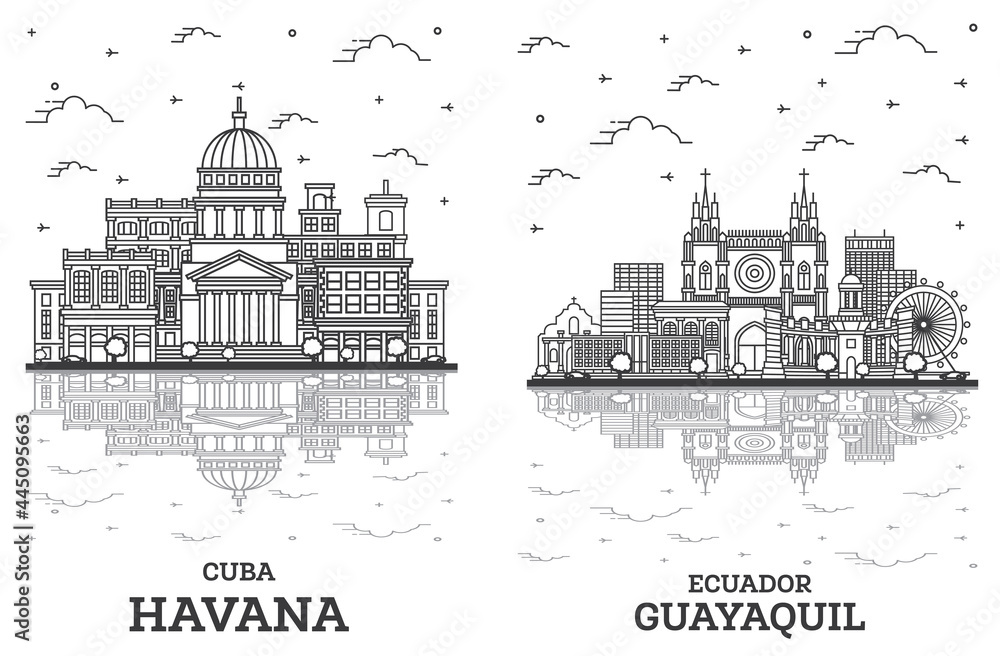 Outline Guayaquil Ecuador and Havana Cuba City Skyline Set.
