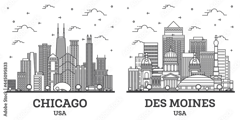 Fototapeta premium Outline Des Moines Iowa and Chicago Illinois USA City Skyline Set.