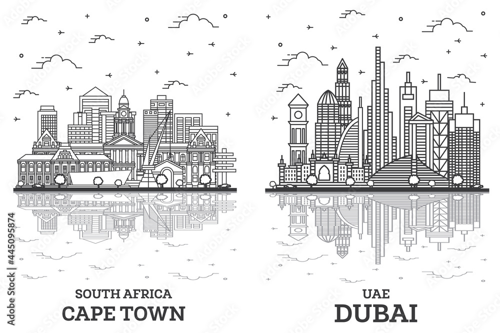 Outline Dubai United Arab Emirates (UAE) and Cape Town South Africa City Skyline Set. Outline Dubai United Arab Emirates (UAE) and Cape Town South Africa City Skyline Set.