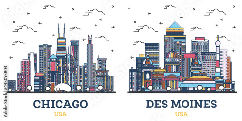 Outline Des Moines Iowa and Chicago Illinois USA City Skyline Set.