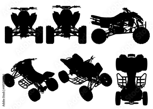 Set with silhouettes of a quad bike in different positions isolated on a white background. Vector illustration
