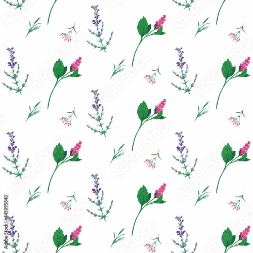 The seamless pattern design. The hand-drawn cute flowers and leaves on white background. repeatable floral background design.