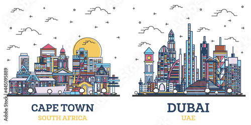 Outline Dubai United Arab Emirates (UAE) and Cape Town South Africa City Skyline Set.