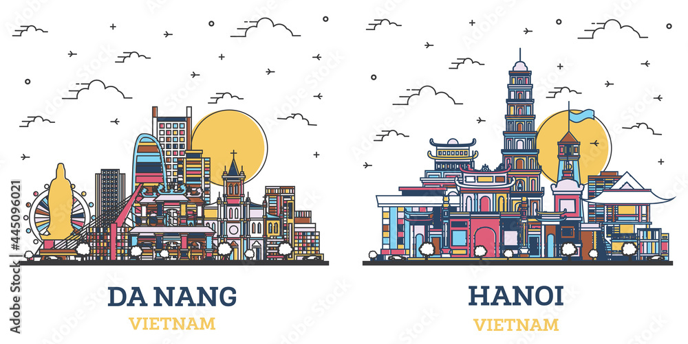 Naklejka premium Outline Hanoi and Da Nang Vietnam City Skyline Set.