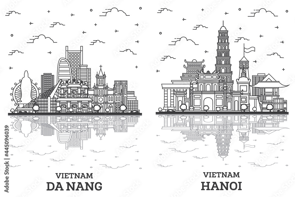Outline Hanoi and Da Nang Vietnam City Skyline Set.
