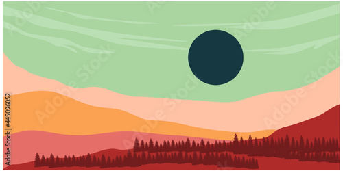 minimalist landscape abstract contemporary collages inspiration vector.landscape with silhouettes of forest trees mountains and hills.