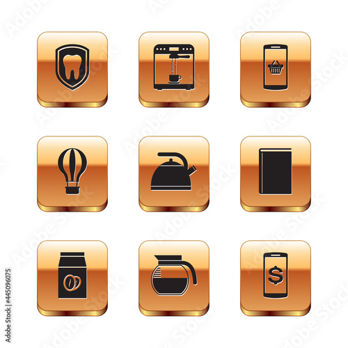 Set Dental protection, Coffee beans in bag, pot, Kettle with handle, Hot air balloon and Shopping basket mobile icon. Vector