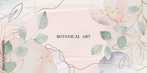 Abstract Art Floral Background. Luxury Minimal Art Style Banner with Watercolor Shapes and Line Botanical Leaves. Vector Background for Print, Banner, Poster, Card, Web Design.